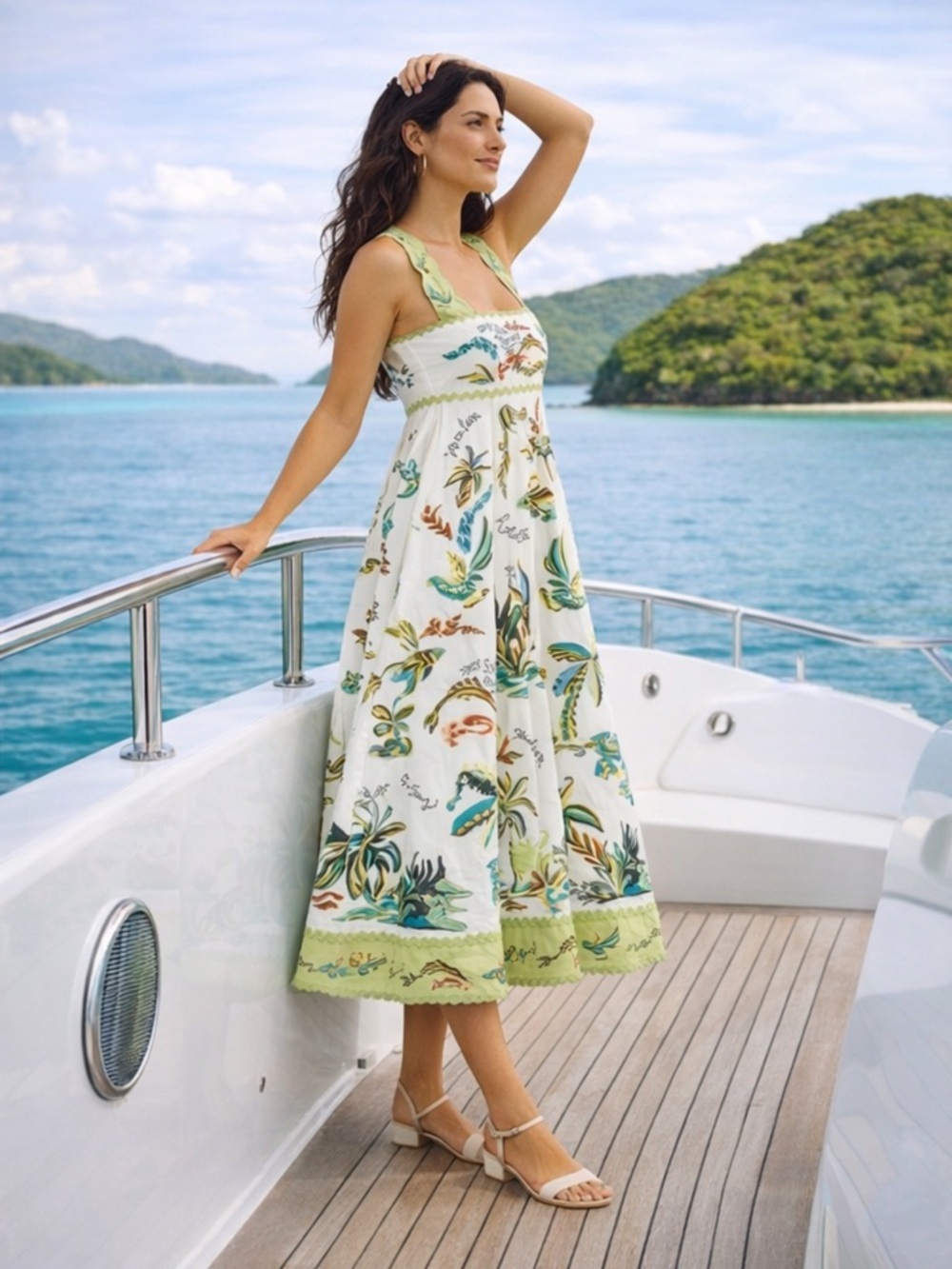 Like New Alémais Day Dream Summer MIDI Dress in Cream & Green Multi Size US 6